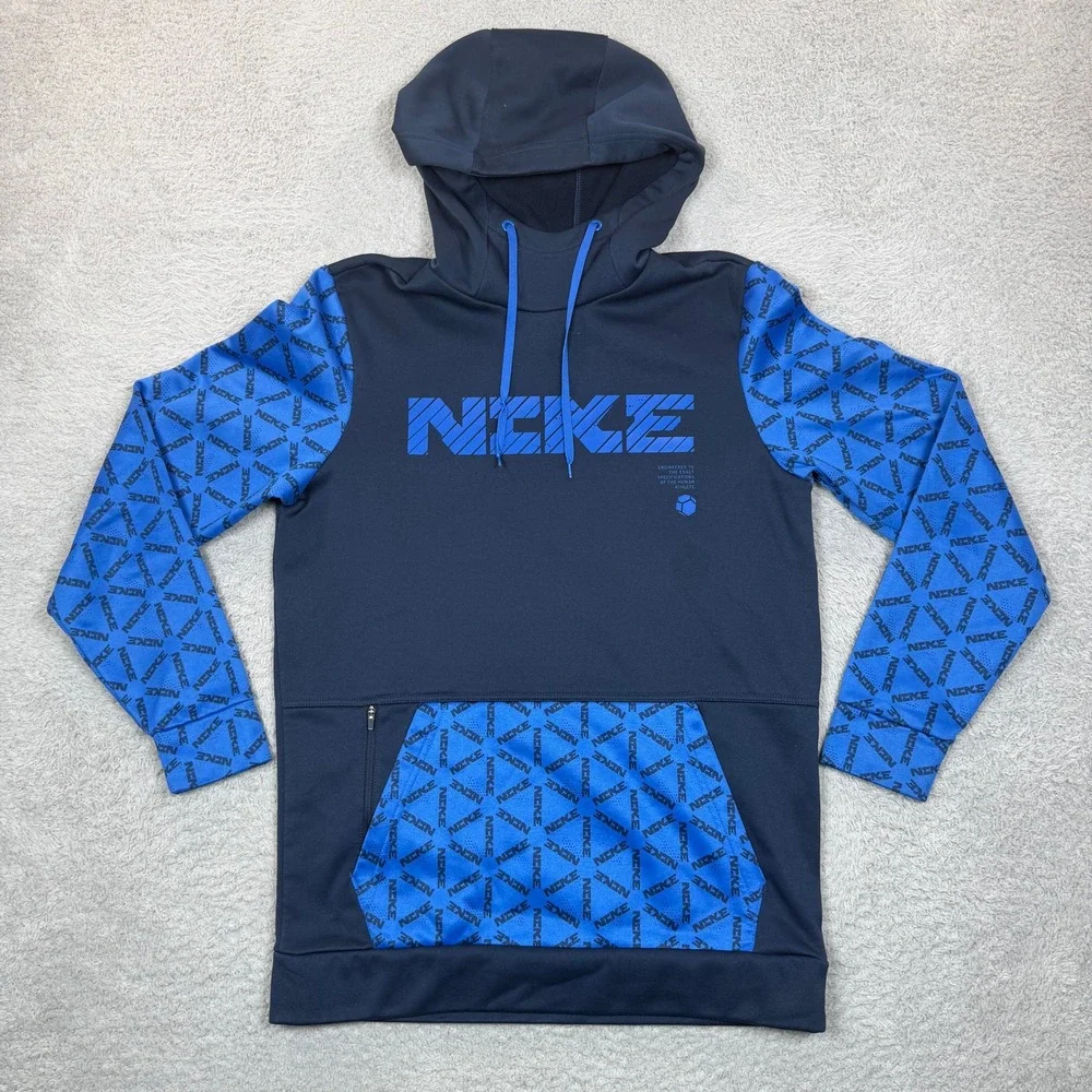 Nike Therma-FIT Mens Hoodie Navy Blue Logo Print Pullover Sweatshirt Small